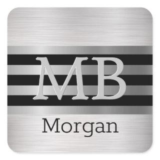 DIY Monogram/Name Bk/Silver Stripes Brushed Silver Square Sticker