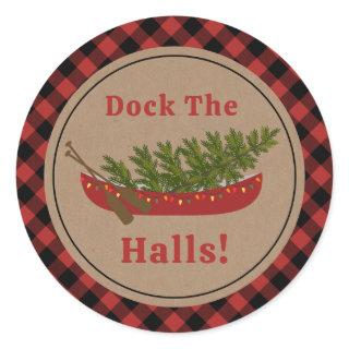 Dock The Halls Canoe Christmas Tree Plaid Classic Round Sticker