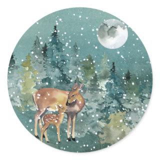 Doe and Fawn Deer in Forest Full Moon Snowfall Classic Round Sticker