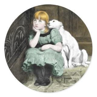 Dog Adoring Girl Victorian Painting Classic Round Sticker
