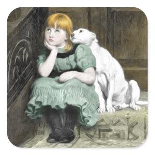 Dog Adoring Girl Victorian Painting Square Sticker