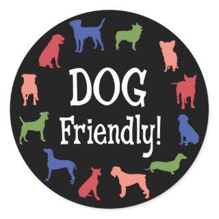 Dog friendly with colorful dog breed silhouettes classic round sticker