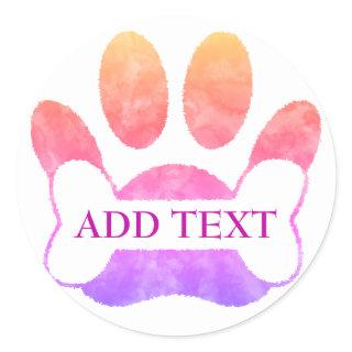 Dog Paw Print And Bone Colorful Watercolor Custom Classic Round Sticker