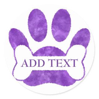 Dog Paw Print And Bone Purple Watercolor Custom Classic Round Sticker