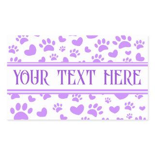 Dog Paw Print and Hearts With Custom Name Purple Rectangular Sticker