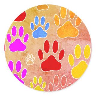 Dog Paw Prints On Vintage Background Classic Round Sticker