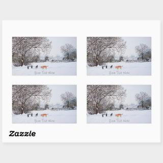 dogs playing winter snow scene landscape painting rectangular sticker