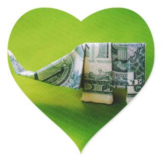 Dollar bill origami Elephant on Green background Heart Sticker