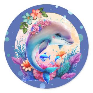 Dolphin Underwater Surrounded by Algae and Bubbles Classic Round Sticker