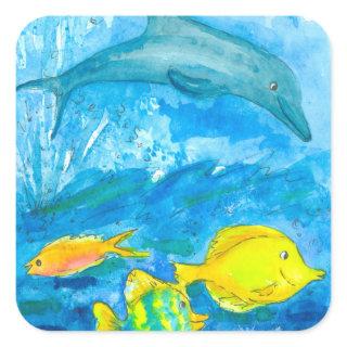 Dolphin Yellow Tang Tropical Fish Square Sticker