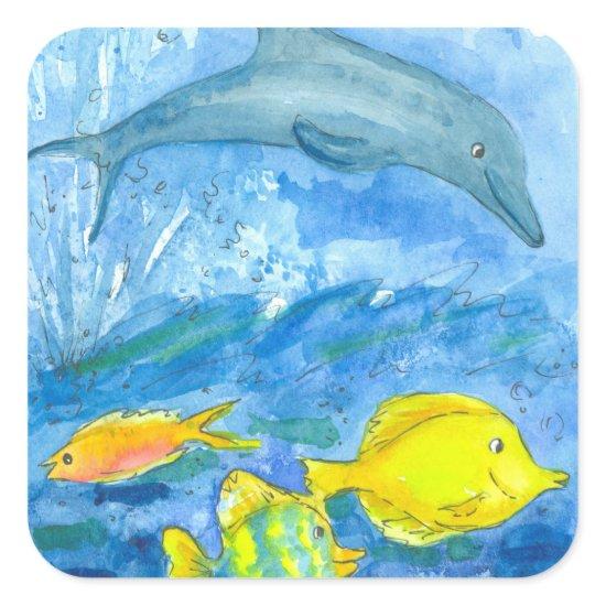 Dolphin Yellow Tang Tropical Fish Square Sticker
