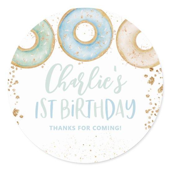 Donut Birthday Thank You Sticker 1st Birthday Blue