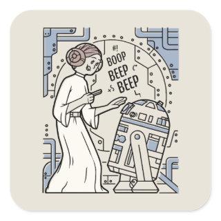 Doodle Sketch Leia & R2-D2 on Death Star Square Sticker