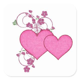 Double Pink Heart & Glitter Design Valentine's Day Square Sticker