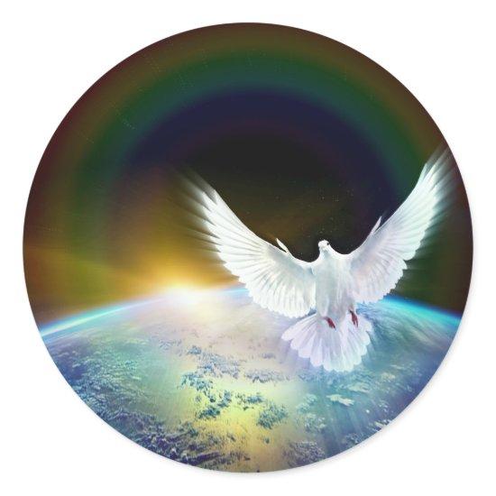 Dove of Peace Holy Spirit over Earth with Rainbow. Classic Round Sticker