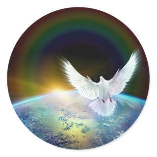 Dove of Peace Holy Spirit over Earth with Rainbow. Classic Round Sticker