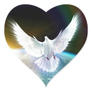 Dove of Peace Holy Spirit over Earth with Rainbow. Heart Sticker