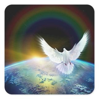 Dove of Peace Holy Spirit over Earth with Rainbow. Square Sticker