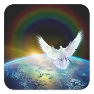 Dove of Peace Holy Spirit over Earth with Rainbow. Square Sticker