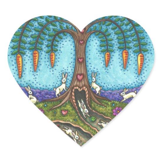 DOWN THE RABBIT HOLE, CARROT WILLOW TREE FOLK ART HEART STICKER