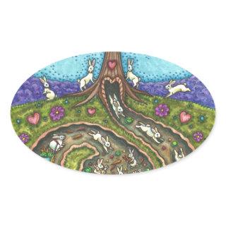 DOWN THE RABBIT HOLE, CARROT WILLOW TREE FOLK ART OVAL STICKER