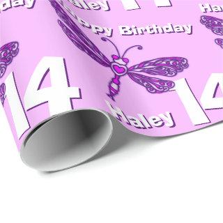 Dragonfly art aqua age name 14th birthday wrap