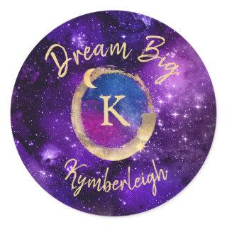 Dream Big Space Galaxy Metallic Gold Monogram Name Classic Round Sticker