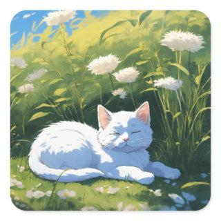 "Dreamy Whiskers - Adorable Sleepy Cat Art  Square Sticker