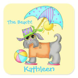 Dressed Beach Dog Personalized Yellow Square Sticker