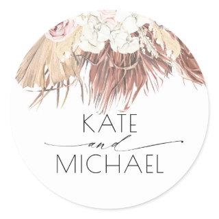 Dried Palm Leaf and White Orchid Tropical Wedding Classic Round Sticker