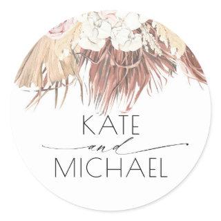 Dried Palm Leaf and White Orchid Tropical Wedding Classic Round Sticker