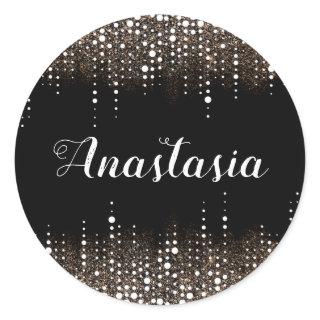 Dripping Glitter Rain Golden Sequins Sparkle Black Classic Round Sticker