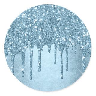 Dripping Ice Glitter | Blue Faux Sparkle Metallic Classic Round Sticker