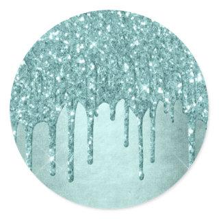 Dripping Mint Glitter | Aqua Teal Melting Pour Classic Round Sticker