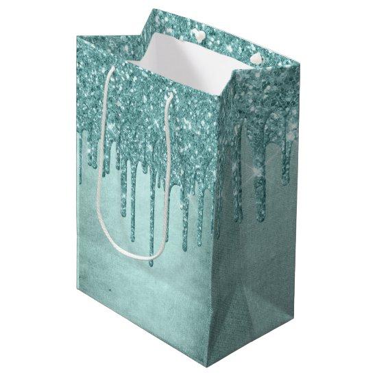 Dripping Mint Glitter | Aqua Teal Melting Pour Medium Gift Bag