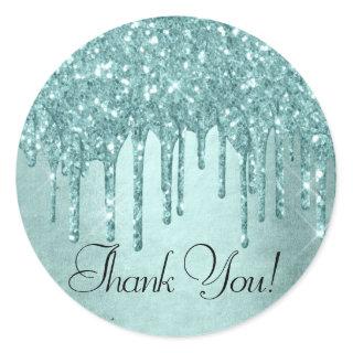 Dripping Mint Glitter | Aqua Teal Pour Thank You Classic Round Sticker