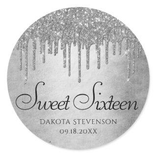 Dripping Silvery Glitter | Platinum Sweet Sixteen Classic Round Sticker