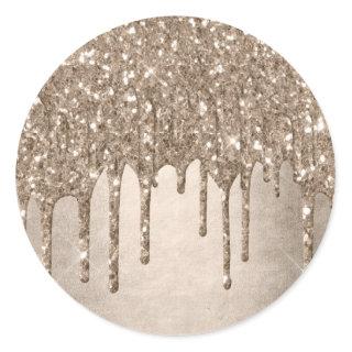 Dripping Taupe Glitter | Champagne Gold Drizzle Classic Round Sticker