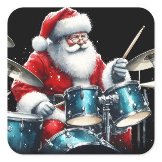 Drumming Santa Spreads Rocking Holiday Cheer Square Sticker