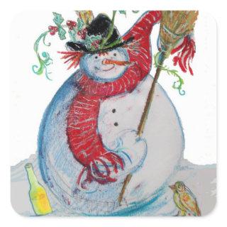 DRUNKEN SNOWMAN WITH BIRDS IN WINTER SQUARE STICKER