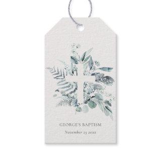 Dusky Blue Eucalyptus Fern Foliage Cross Baptism Gift Tags