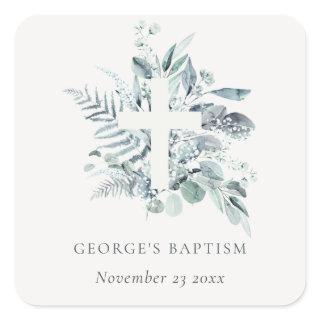 Dusky Blue Eucalyptus Fern Foliage Cross Baptism Square Sticker