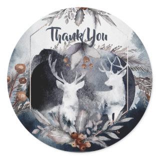 Dusky blue watercolor stag forest country wedding classic round sticker