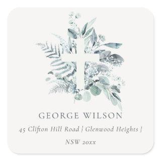 Dusky Green Eucalyptus Fern Foliage Cross Address Square Sticker