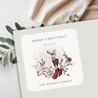 Dusky Stag Marsala Foliage Wreath Merry Christmas Square Sticker