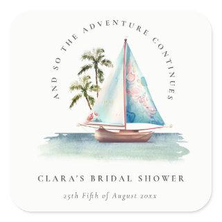 Dusky Teal Sailboat Palm Seascape Bridal Shower Square Sticker