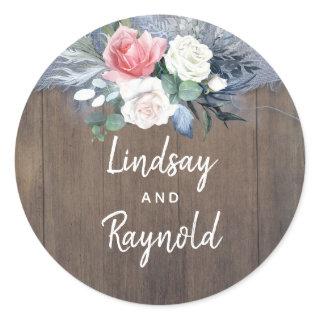 Dusty Blue and Blush Rustic Country Wood and Linen Classic Round Sticker