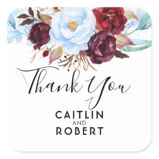 Dusty Blue and Burgundy Flowers Elegant Thank You Square Sticker
