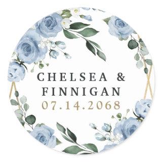 Dusty Blue and Gold Elegant Floral Rustic Wedding Classic Round Sticker