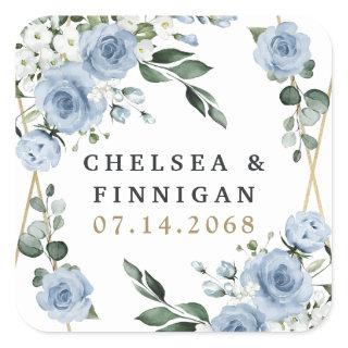 Dusty Blue and Gold Elegant Floral Rustic Wedding Square Sticker